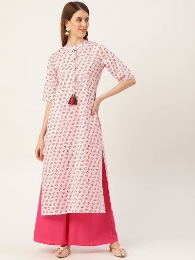 Women Pink Calf Length Three-Quarter Sleeves Straight Floral Printed Cotton Kurta