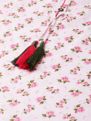 Women Pink Calf Length Three-Quarter Sleeves Straight Floral Printed Cotton Kurta