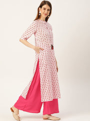 Women Pink Calf Length Three-Quarter Sleeves Straight Floral Printed Cotton Kurta