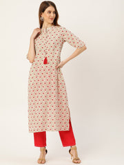 Women Beige Calf Length Three-Quarter Sleeves Straight Floral Printed Cotton Kurta