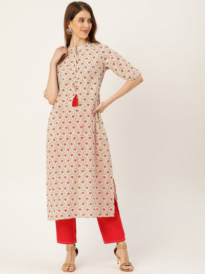 Women Beige Calf Length Three-Quarter Sleeves Straight Floral Printed Cotton Kurta