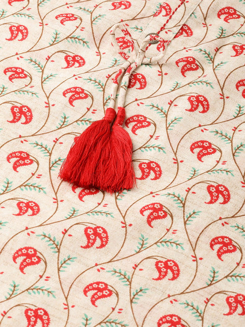 Women Beige Calf Length Three-Quarter Sleeves Straight Floral Printed Cotton Kurta