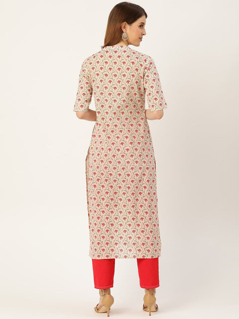 Women Beige Calf Length Three-Quarter Sleeves Straight Floral Printed Cotton Kurta