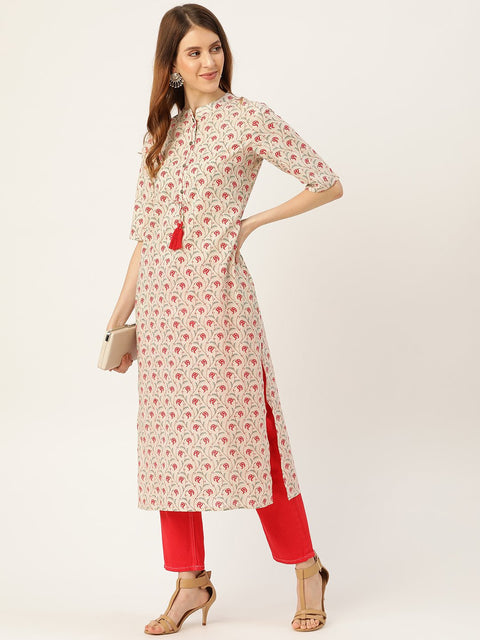 Women Beige Calf Length Three-Quarter Sleeves Straight Floral Printed Cotton Kurta