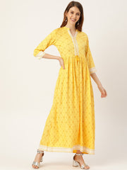 Women Yellow Floral Printed Mandarin Collar Viscose Rayon Fit and Flare Dress