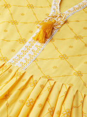 Women Yellow Floral Printed Mandarin Collar Viscose Rayon Fit and Flare Dress