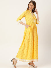 Women Yellow Floral Printed Mandarin Collar Viscose Rayon Fit and Flare Dress