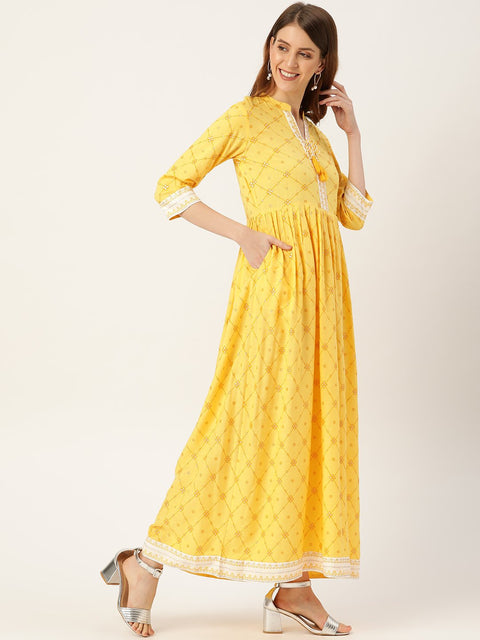 Women Yellow Floral Printed Mandarin Collar Viscose Rayon Fit and Flare Dress