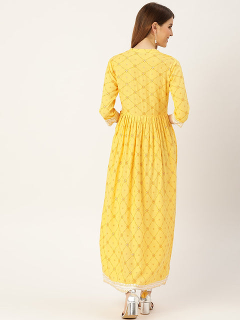 Women Yellow Floral Printed Mandarin Collar Viscose Rayon Fit and Flare Dress