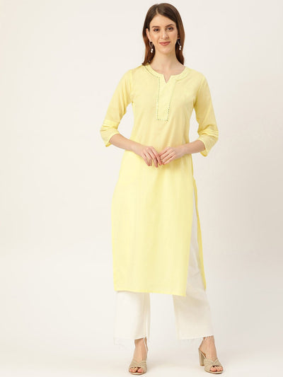 Women Limeyellow Calf Length Three-Quarter Sleeves Straight Solid Solid Cotton Kurta