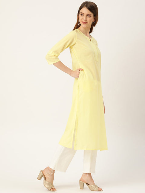 Women Limeyellow Calf Length Three-Quarter Sleeves Straight Solid Solid Cotton Kurta