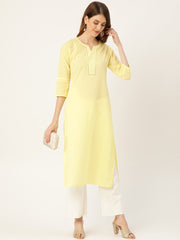Women Limeyellow Calf Length Three-Quarter Sleeves Straight Solid Solid Cotton Kurta