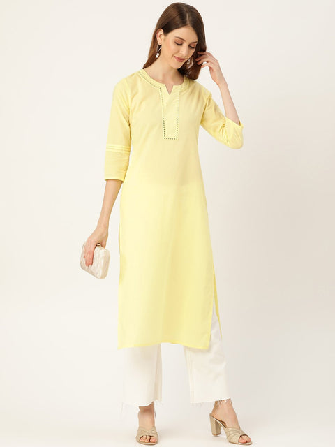 Women Limeyellow Calf Length Three-Quarter Sleeves Straight Solid Solid Cotton Kurta