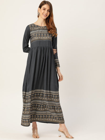 Women Grey Self Design Self Design Round Neck Viscose Rayon Maxi Dress