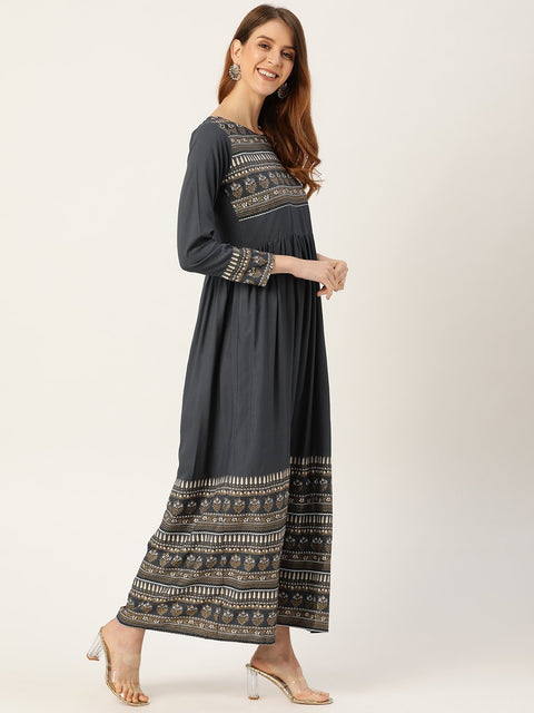 Women Grey Self Design Self Design Round Neck Viscose Rayon Maxi Dress