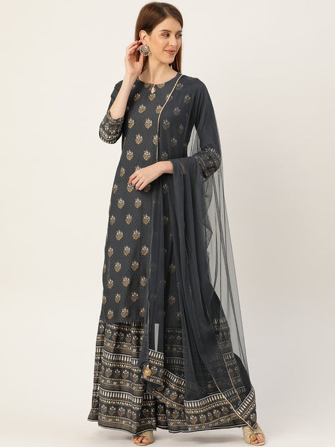 Women Grey Three-Quarter Sleeves Straight Kurta Sharara and dupatta set