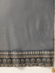 Women Grey Three-Quarter Sleeves Straight Kurta Sharara and dupatta set