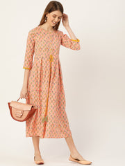 Women Peach Ethnic Motifs Printed Round Neck Cotton Maxi Dress