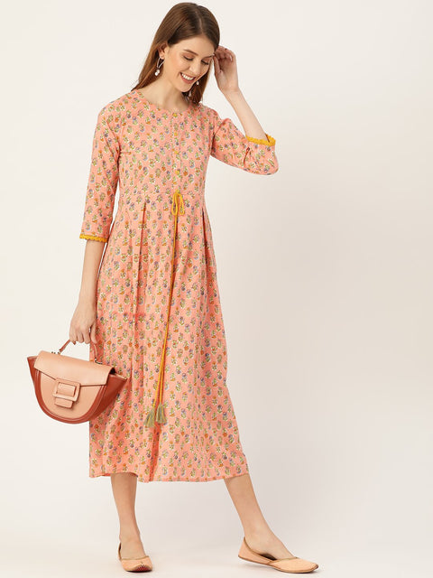 Women Peach Ethnic Motifs Printed Round Neck Cotton Maxi Dress