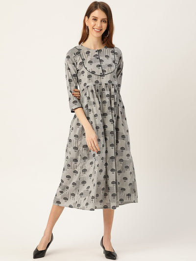 Women Grey Floral Printed Round Neck Cotton A-Line Dress
