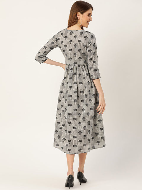 Women Grey Floral Printed Round Neck Cotton A-Line Dress