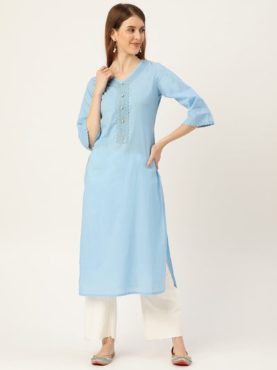 Women Blue Calf Length Three-Quarter Sleeves Straight Solid Solid Cotton Kurta