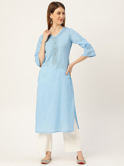Women Blue Calf Length Three-Quarter Sleeves Straight Solid Solid Cotton Kurta