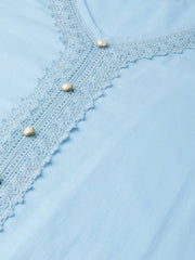 Women Blue Calf Length Three-Quarter Sleeves Straight Solid Solid Cotton Kurta