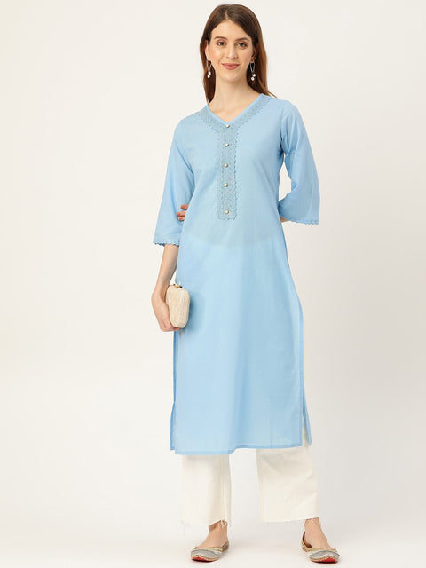 Women Blue Calf Length Three-Quarter Sleeves Straight Solid Solid Cotton Kurta