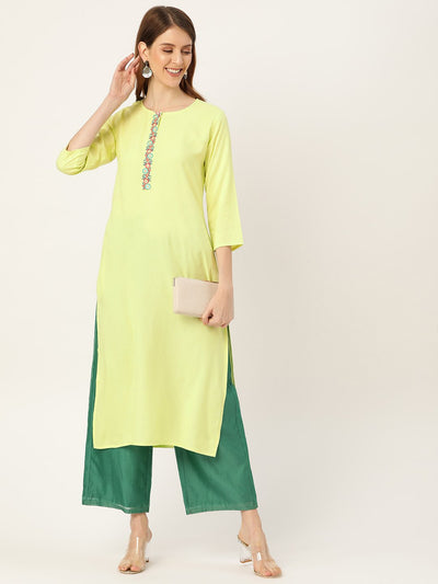 Women Limeyellow Calf Length Three-Quarter Sleeves Straight Solid Yoke Design Viscose Rayon Kurta
