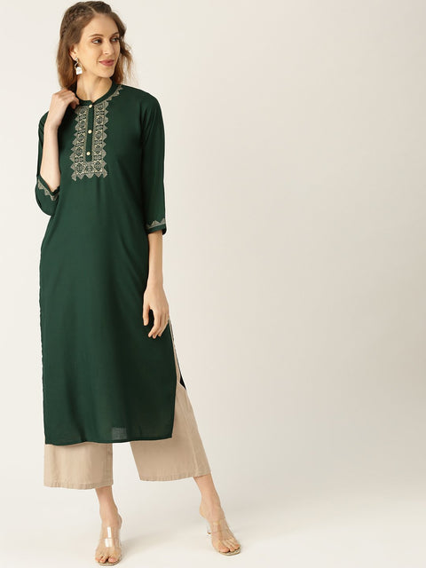 Women Blue Calf Length Three-Quarter Sleeves Straight Solid Yoke Design Viscose Rayon Kurta