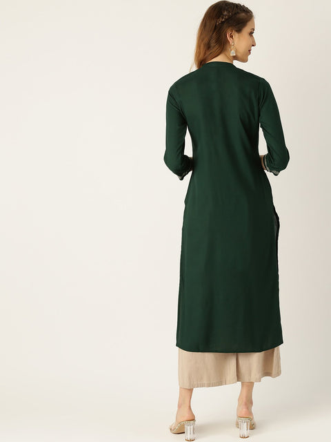 Women Blue Calf Length Three-Quarter Sleeves Straight Solid Yoke Design Viscose Rayon Kurta