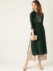 Women Blue Calf Length Three-Quarter Sleeves Straight Solid Yoke Design Viscose Rayon Kurta