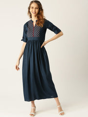 Women Navy Blue Solid Solid Mandarin Collar Viscose Rayon A-Line Dress