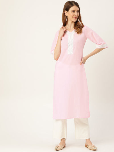 Women Pink Calf Length Three-Quarter Sleeves Straight Solid Solid Cotton Kurta