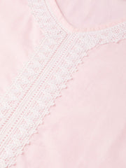 Women Pink Calf Length Three-Quarter Sleeves Straight Solid Solid Cotton Kurta