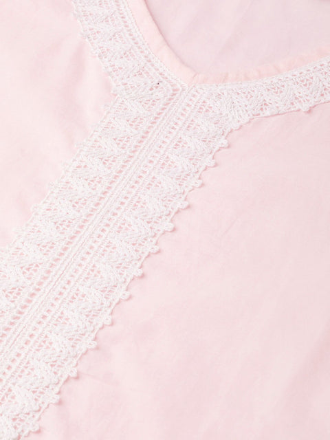 Women Pink Calf Length Three-Quarter Sleeves Straight Solid Solid Cotton Kurta