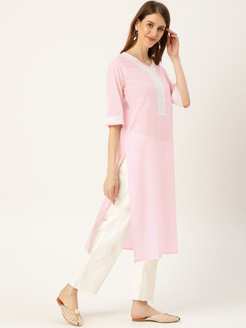 Women Pink Calf Length Three-Quarter Sleeves Straight Solid Solid Cotton Kurta