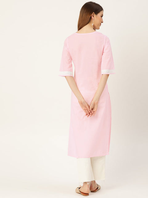Women Pink Calf Length Three-Quarter Sleeves Straight Solid Solid Cotton Kurta