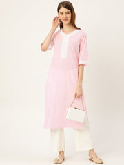 Women Pink Calf Length Three-Quarter Sleeves Straight Solid Solid Cotton Kurta