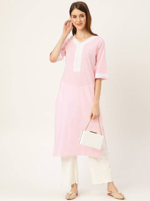 Women Pink Calf Length Three-Quarter Sleeves Straight Solid Solid Cotton Kurta