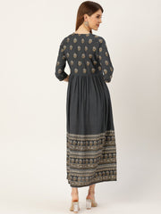 Women Grey Self Design Self Design Round Neck Viscose Rayon Maxi Dress