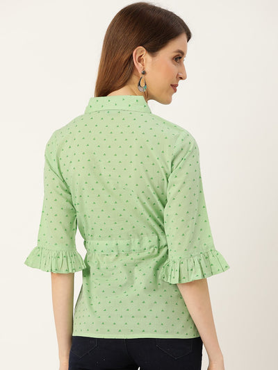 Women Green Three-Quarter Sleeves Waist Tie-Ups Top