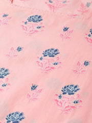 Women Pink Calf Length Long Sleeves Straight Floral Printed Cotton Kurta