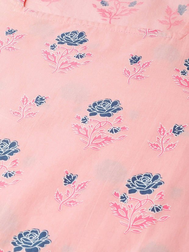 Women Pink Calf Length Long Sleeves Straight Floral Printed Cotton Kurta