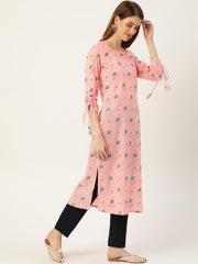 Women Pink Calf Length Long Sleeves Straight Floral Printed Cotton Kurta