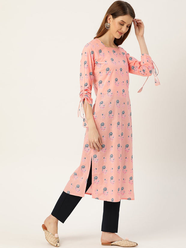 Women Pink Calf Length Long Sleeves Straight Floral Printed Cotton Kurta