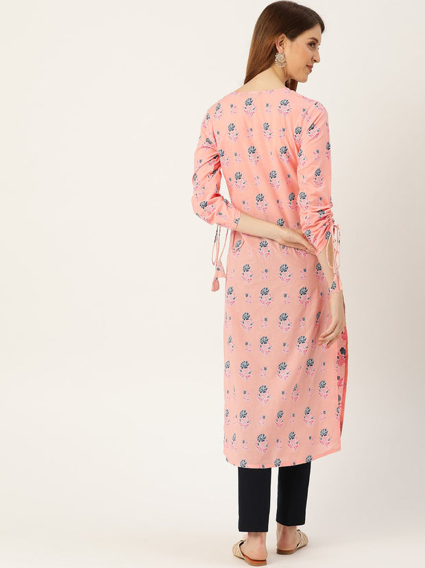 Women Pink Calf Length Long Sleeves Straight Floral Printed Cotton Kurta