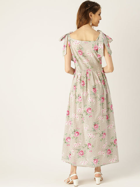 Women Grey Floral Printed Halter Neck Cotton Fit and Flare Dress