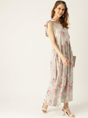 Women Grey Floral Printed Halter Neck Cotton Fit and Flare Dress